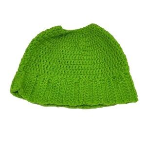 Handmade Crochet Messy Bun Beanie Hat Adult Green Knit Cap Warm Fall Winter OSFM